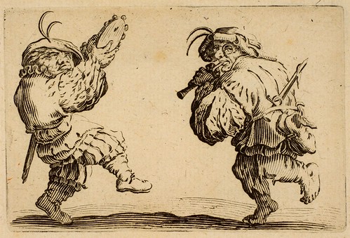 Jacques Callot.  Two figures dancing playing Tambourine and Recorder.  etch. 5,6 x 8.4 cm. French 1616. Met Mus. by tony harrison