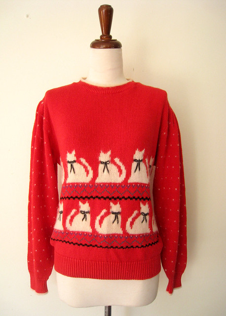 Fuzzy Kitties Red Puff Sleeve Sweater, vintage 80s