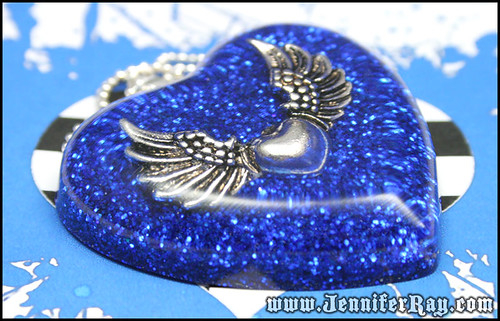Winged Heart - Blue Glitter Resin Heart Pendant by JenniferRay.com