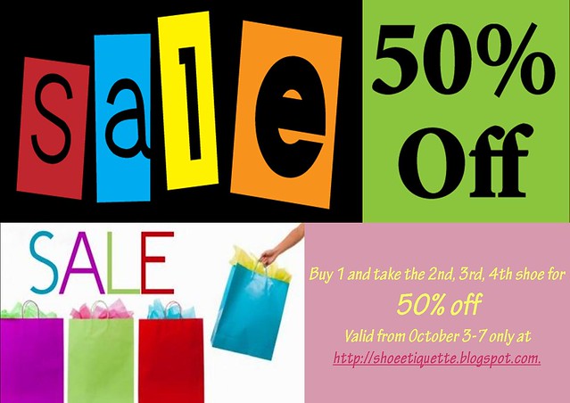 rainy day sale at shoe etiquette, 50% off, everything must go shoe sale