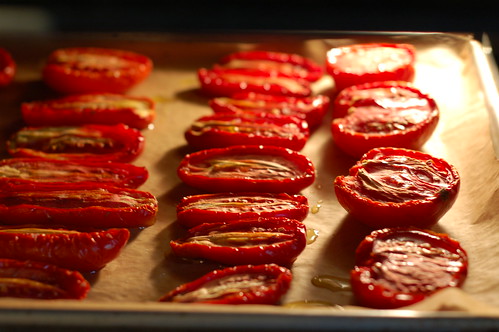 Tomatoes roasting in the oven by Eve Fox, Garden of Eating blog, copyright 2011