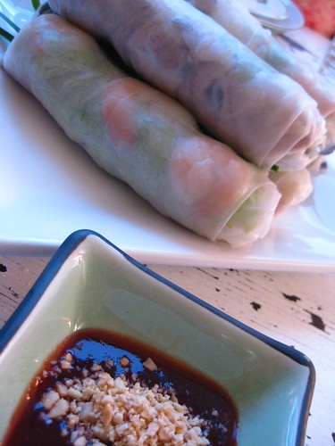 fresh summer rolls with pork belly and prawns and garden grown vegetables