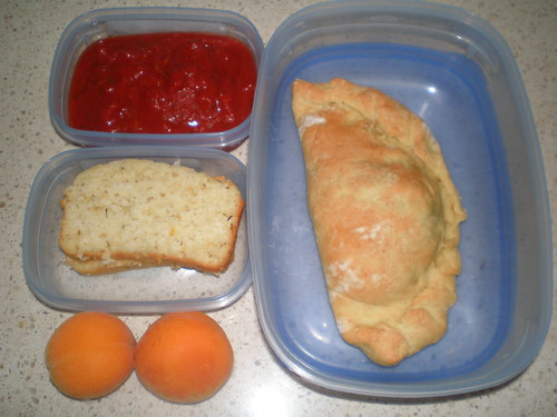 Broccoli Calzone; Sneaky Momma's Tomato Dipping Sauce; apricots; tea bread