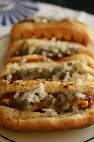 Applegate Uncured Beef Hot Dogs with Ketchup, Mustard, Sweet Relish, Chopped Onion, and Celery Salt