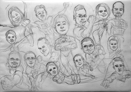 Group superheroes caricatures for AXA - pencil sketch