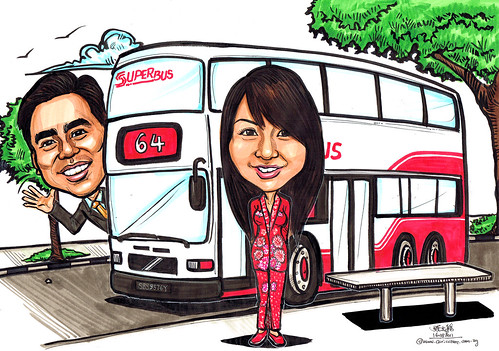 Couple caricatures with double decker bus no. 64 - A4