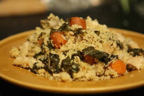 Leftover Chicken Couscous with Celeriac, Kale, Shallots, and Carrot