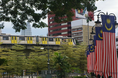 RapidKL Adtranz standard-gauge train near Masjid Jamek LRT Station in Kuala Lumpur, Malaysia /Sep 27,2011 (part2)