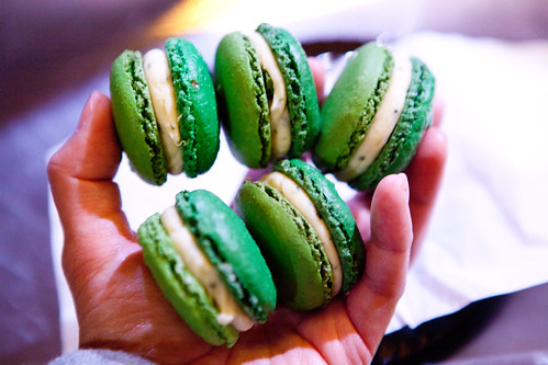 My stash of pea and mint-white chocolate ganache macaons from Pierre Hermé