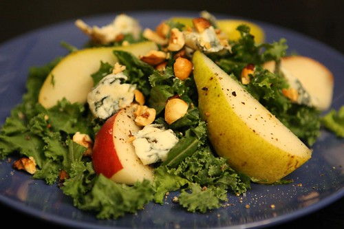 Red Clapp and Bartlett Pear Salad with Fourme d'Ambert, Toasted Hazelnuts, and Kale