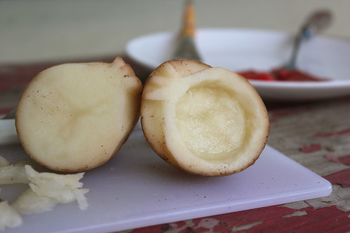 picture of carved potato to make stamps for Rosh Hashanah craft 