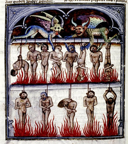 Thieves are hung over fire. French c.1450-70.  bodl_Douce134 by tony harrison