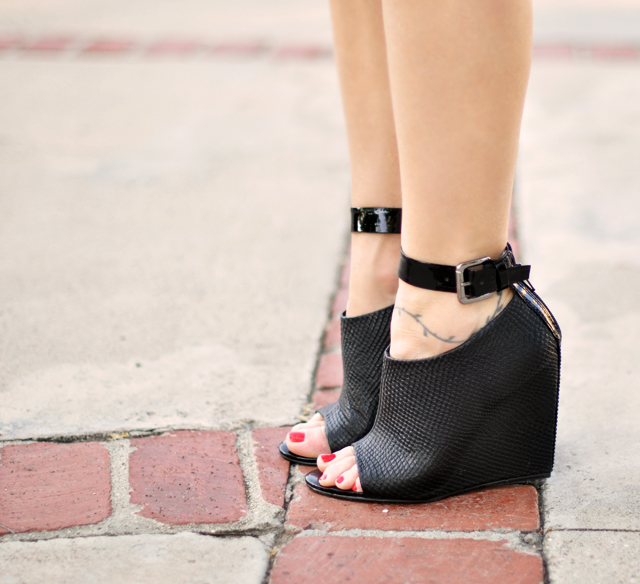 black peep toe wedges with ankle strap buckle