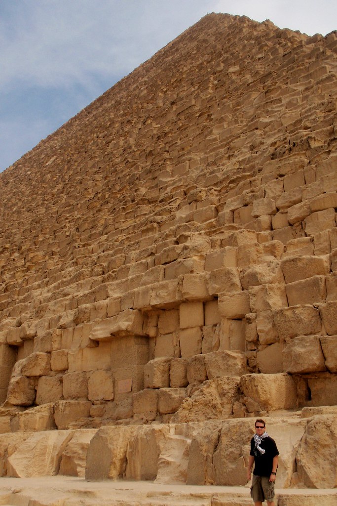 Cameron dwarfed by the Pyramid