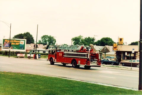 Chicago Fire Department ariel ladder truck.  Chicago Illinois USA. June 1984. by Eddie from Chicago
