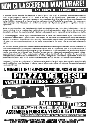 Universitari in piazza il 7 ottobre - Non ci lasceremo manovrare! People rise up! Martedì 11 assemblea pubblica verso il 15 Ottobre