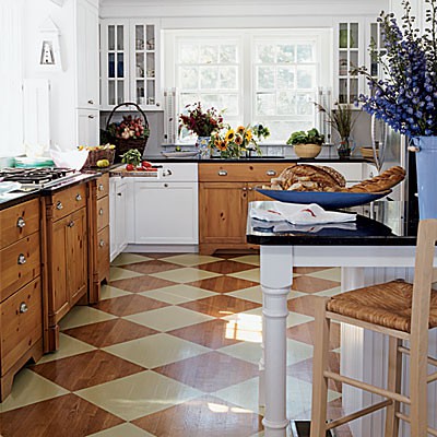 checkerboard stained floor coastal living kitchen