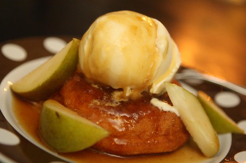 Cider Donut with Vanilla Ice Cream, Seckel Pears, and Cider Caramel Sauce
