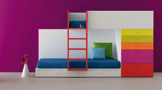 Rainbow-Color-Racks-And-Bright-Bunk-Beds-And-Purple-Wall-Color