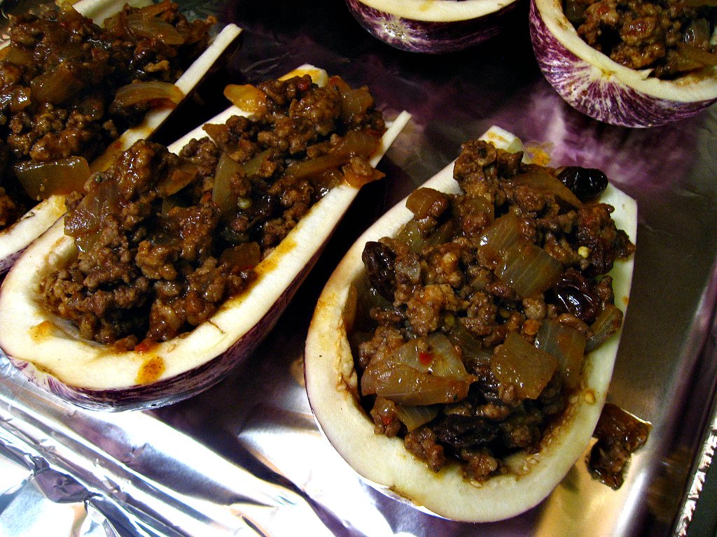 Picadillo filled eggplant boats- pre-baking