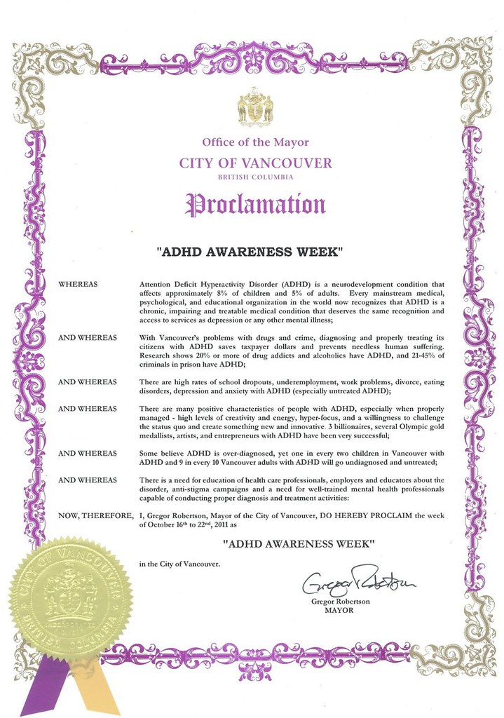 Vancouver City Council ADHD Awareness Week Proclamation October 16th to 22nd 2011