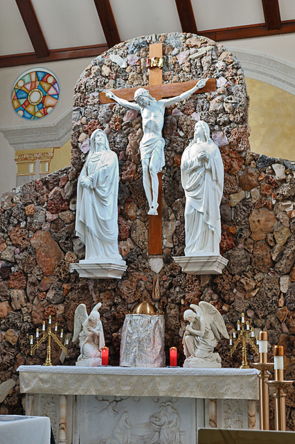 Holy Cross Roman Catholic Church, in Cuba, Missouri, USA - tabernacle and crucifix