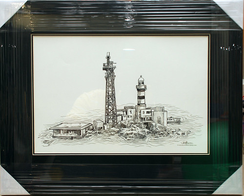 digital sketch of Pedra Branca lighthouse for Singapore Navy in frame with black border