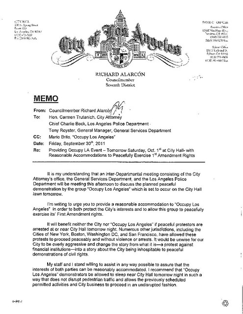 Memo of support for OccupyLA from Los Angeles Councilman Richard Alarcon 