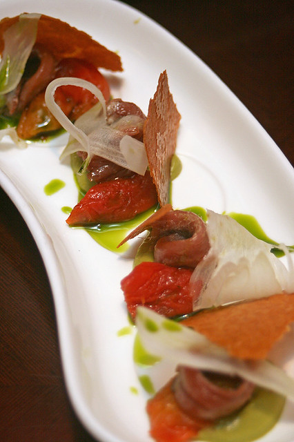 Cured Anchovies, Shaved Fennel, Tomato and Crispy Socca