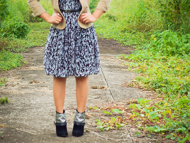 thrift jacket and dress, fake Otway booties