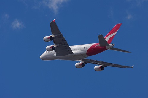 Qantas Airbus A380-842 VH-OQF plane flying over sydney
