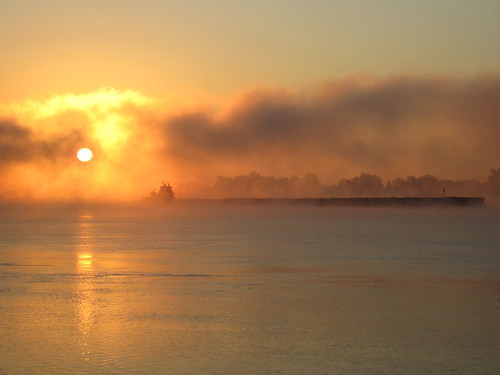 Barge in the Mist of the Ohio River at Sunrise