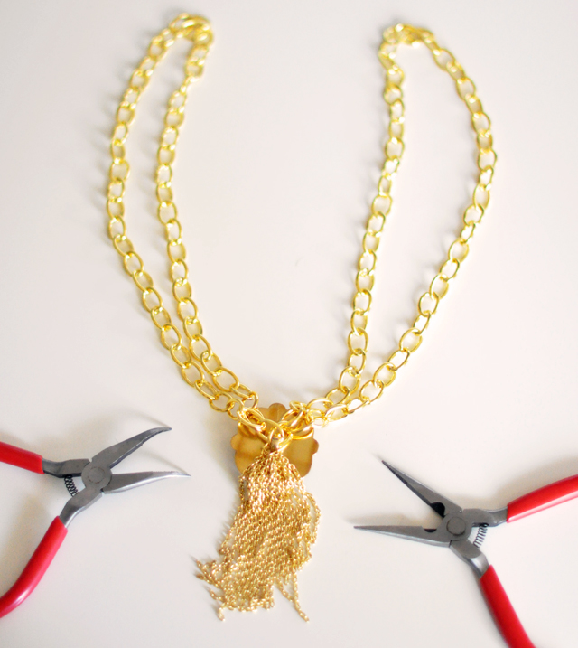 Gilded Gemstone and chain tassel necklace DIY-7