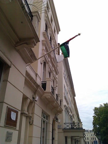 Libyan embassy flies the rebellion flag