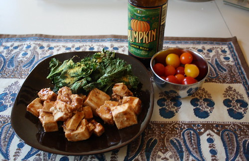 tofu with barbecue sauce, kale chips, pumpkin beer, tomatoes
