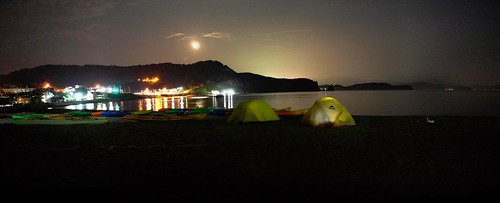 Camping on the beach in front of Blue Holic Kayaks near Otaru, Hokkaido, Japan