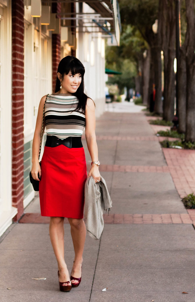 the limited striped tank, the limited orange poppy red pencil skirt, jessica simpson chili pepper red astor slingback, mk5430, chanel classic m/l flap, urban outfitters kimchi blue bow belt, t+j designs dangle stone gold hoop earrings, banana republic zipper trim cardigan