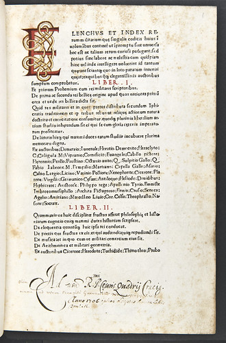 Epigraphic initial and provenance inscription in Valturius, Robertus: De re militari