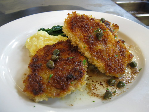 Crispy Pan-fried Sweetbreads w. Brown Butter Caper Sauce and Creamy Goat Cheese Polenta