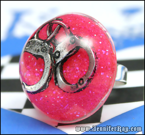 Girly Cuffs - Pink Glitter Resin Round Silver Ring by JenniferRay.com