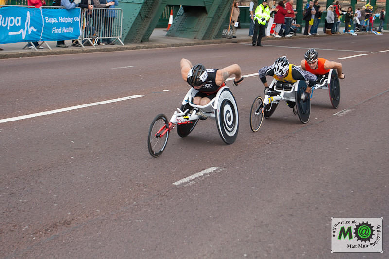 Eventual Winner Josh Cassidy leads the wheelchair race over the Tyne Bridge