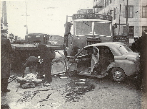 Traffic accident, London, c1955 by mikeyashworth