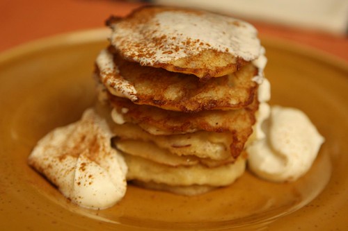 Red Clap Pear Pancakes with Whipped Cream and Cinnamon