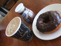 Donut, iced latte, chocolate milk