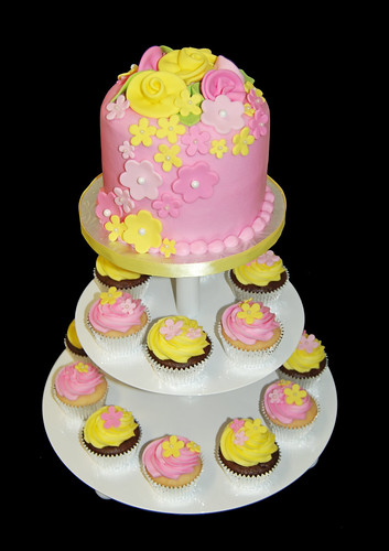 pink and yellow flower bridal shower cupcake tower