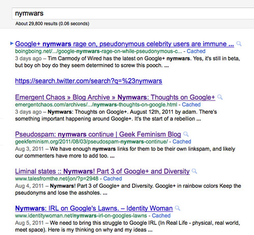 Google search results for nymwars when not logged in, Liminal States at #5