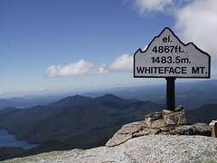 Whiteface summit sign with Moose and MacKenzie in the background