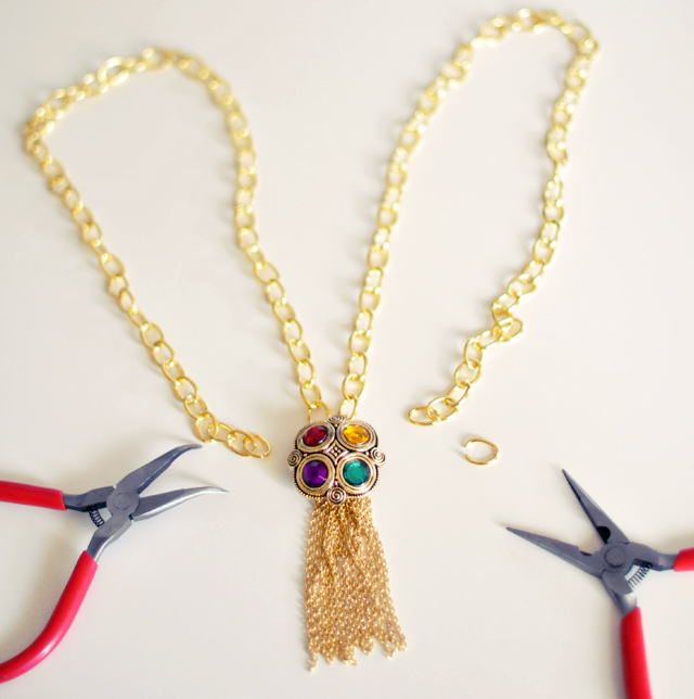 Gilded Gemstone and chain tassel necklace DIY-6