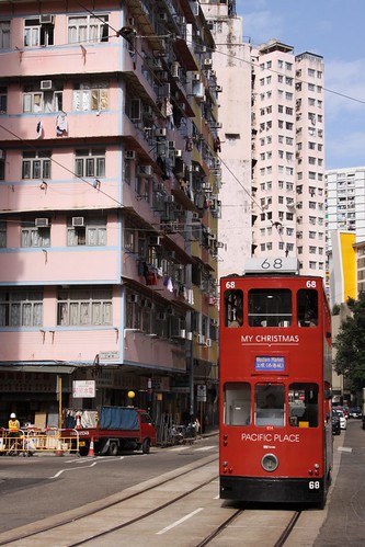 Hong Kong tram #68 trundles down the main street of Shau Kei Wan