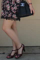 Outfit - floral and black lace dress, t-strap shoes, vintage Chanel bag